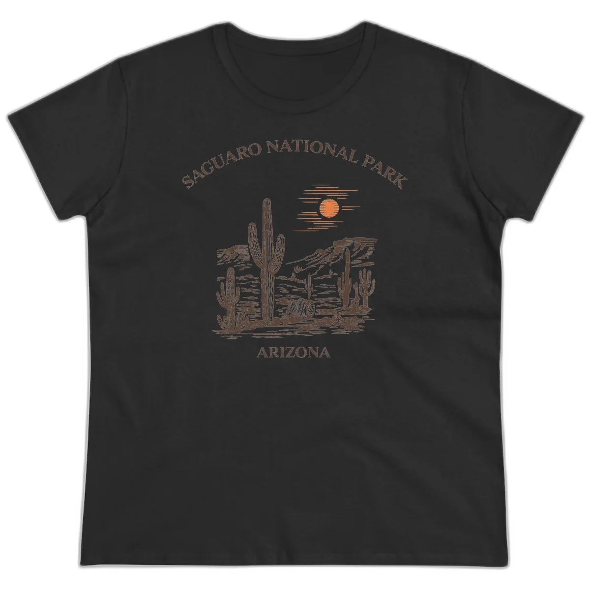 Vintage Saguaro National Park Arizona design with tall saguaro cacti, desert plants, and sun over rocky landscape in Black