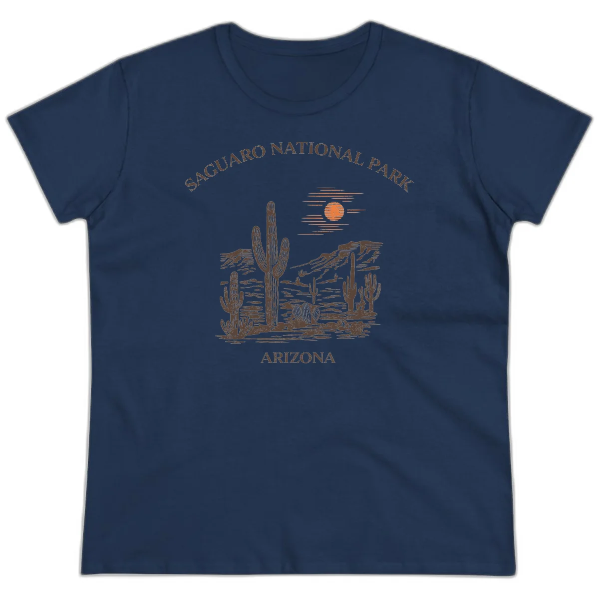 Vintage Saguaro National Park Arizona design with tall saguaro cacti, desert plants, and sun over rocky landscape in Navy