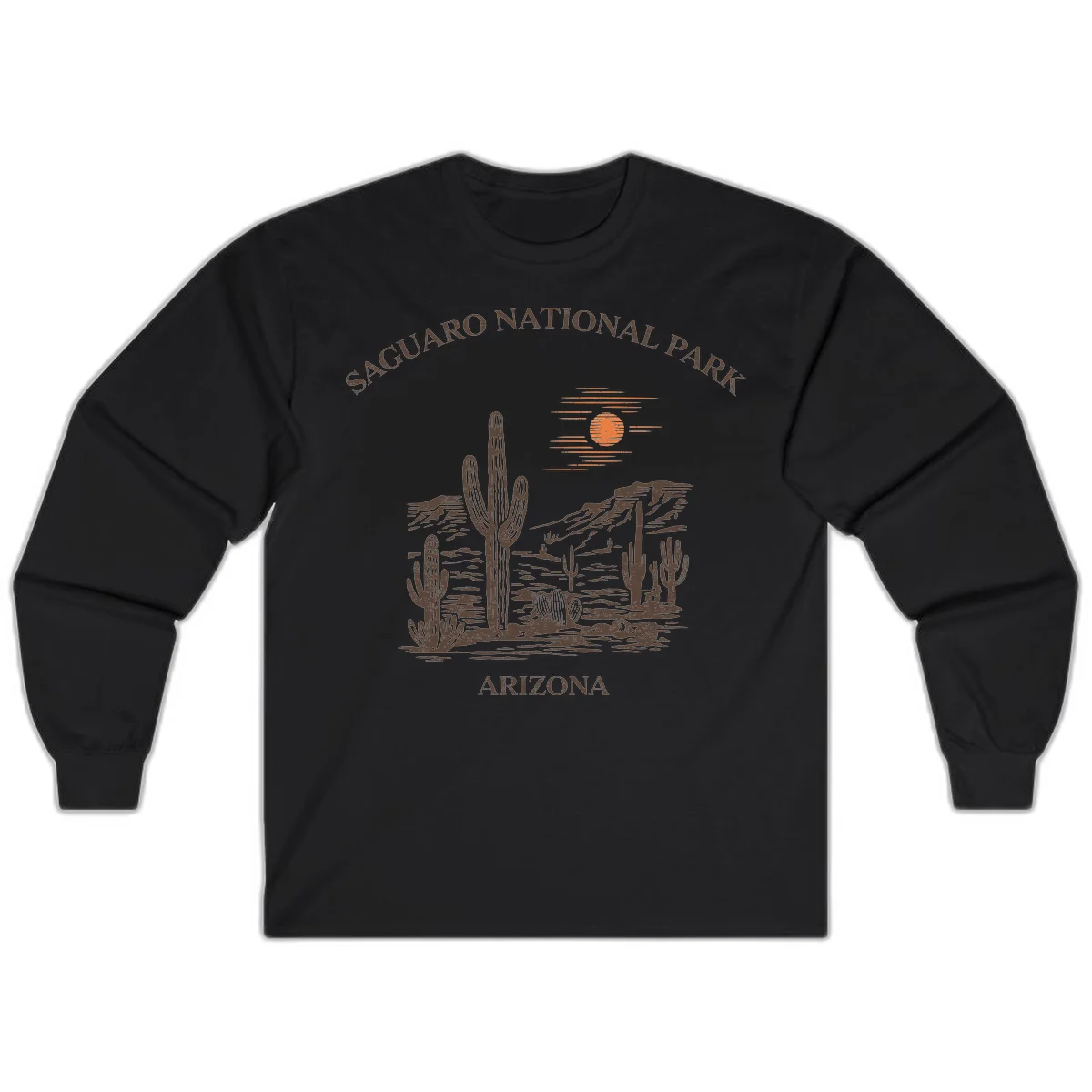 Vintage Saguaro National Park Arizona design with tall saguaro cacti, desert plants, and sun over rocky landscape in Black