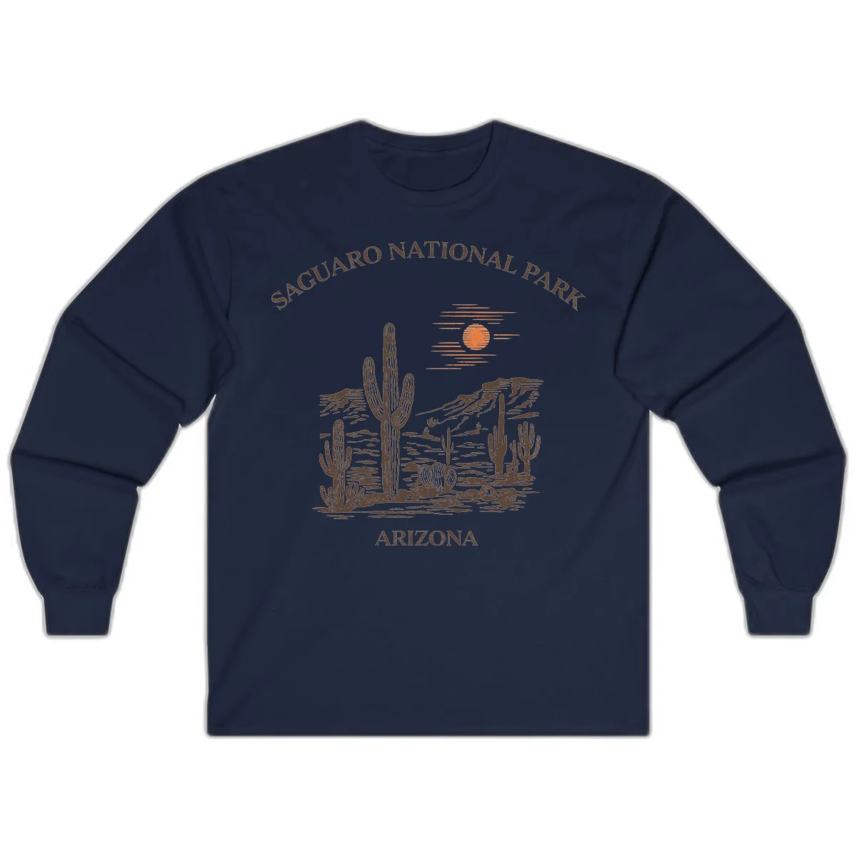 Vintage Saguaro National Park Arizona design with tall saguaro cacti, desert plants, and sun over rocky landscape in Navy