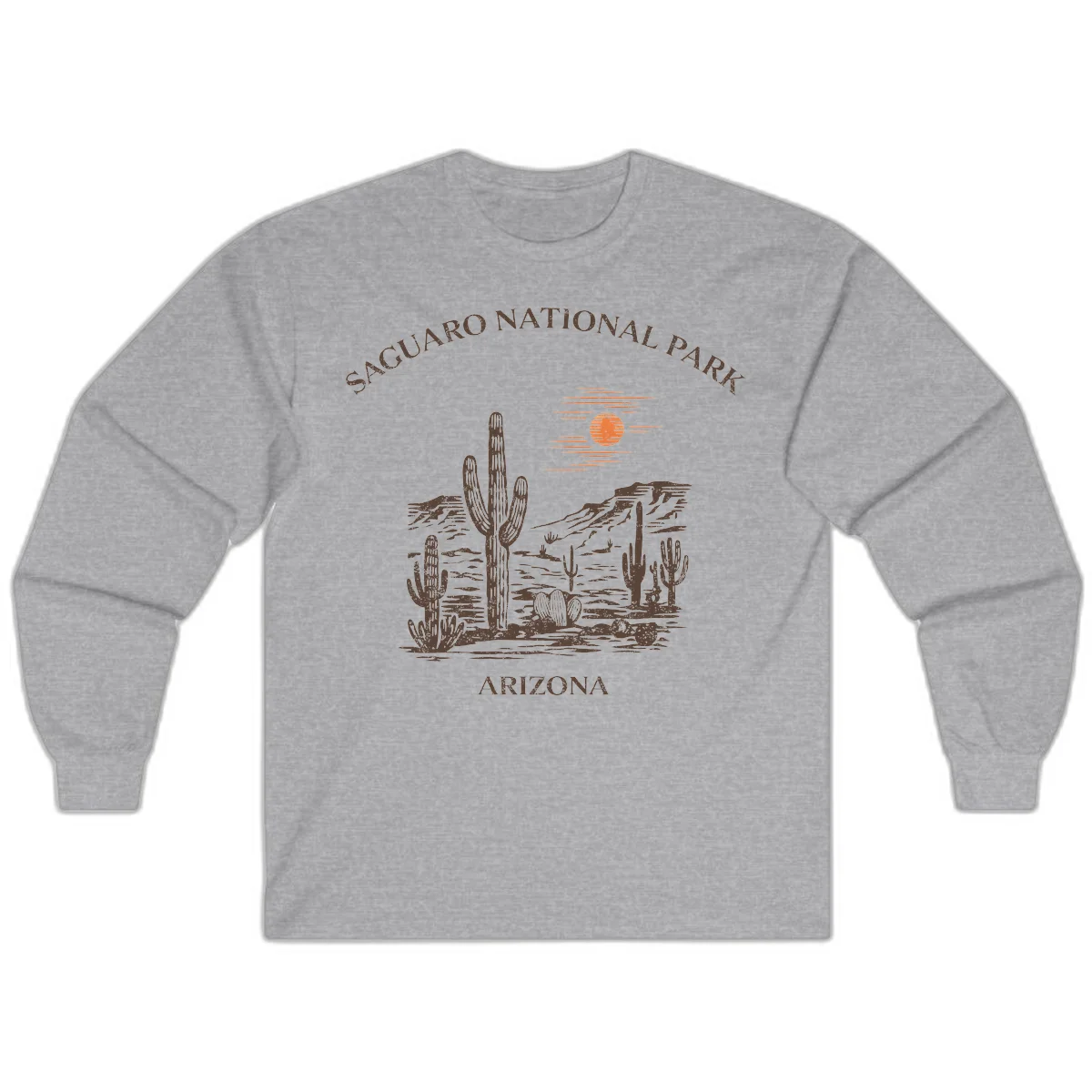 Vintage Saguaro National Park Arizona design with tall saguaro cacti, desert plants, and sun over rocky landscape in Sport Grey