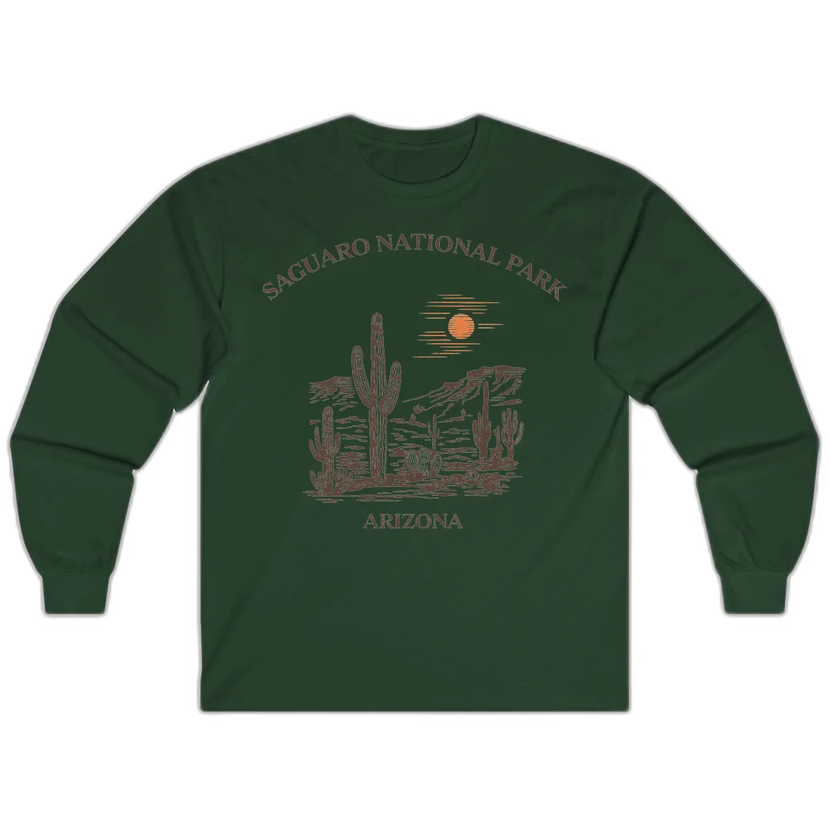 Vintage Saguaro National Park Arizona design with tall saguaro cacti, desert plants, and sun over rocky landscape in Forest Green