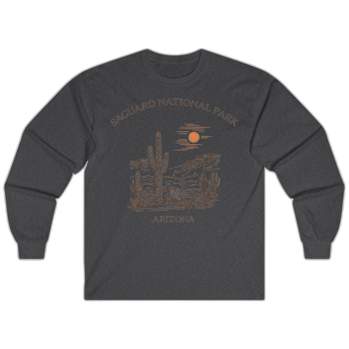 Vintage Saguaro National Park Arizona design with tall saguaro cacti, desert plants, and sun over rocky landscape in Dark Heather
