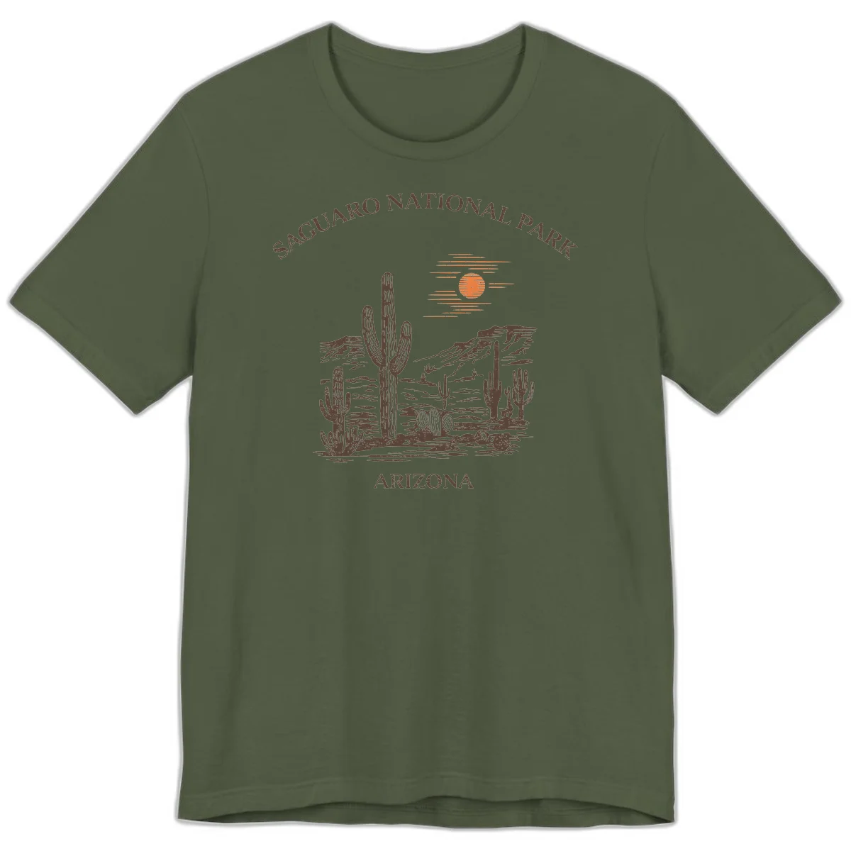 Vintage Saguaro National Park Arizona design with tall saguaro cacti, desert plants, and sun over rocky landscape in Military Green