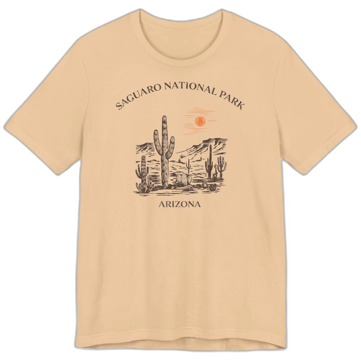 Vintage Saguaro National Park Arizona design with tall saguaro cacti, desert plants, and sun over rocky landscape in Sand Dune