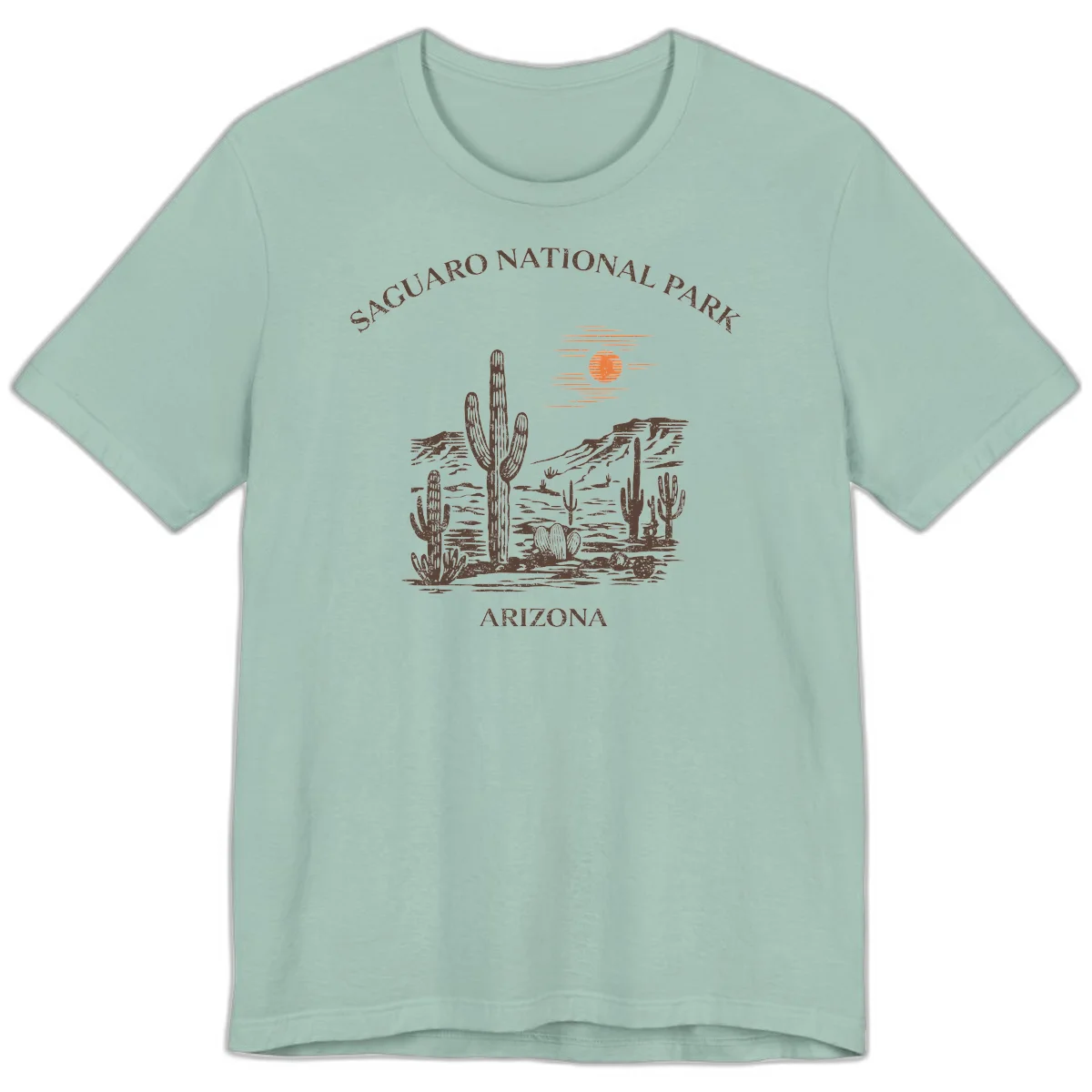 Vintage Saguaro National Park Arizona design with tall saguaro cacti, desert plants, and sun over rocky landscape in Dusty Blue