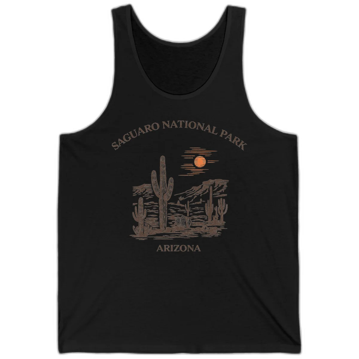 Vintage Saguaro National Park Arizona design with tall saguaro cacti, desert plants, and sun over rocky landscape in Black