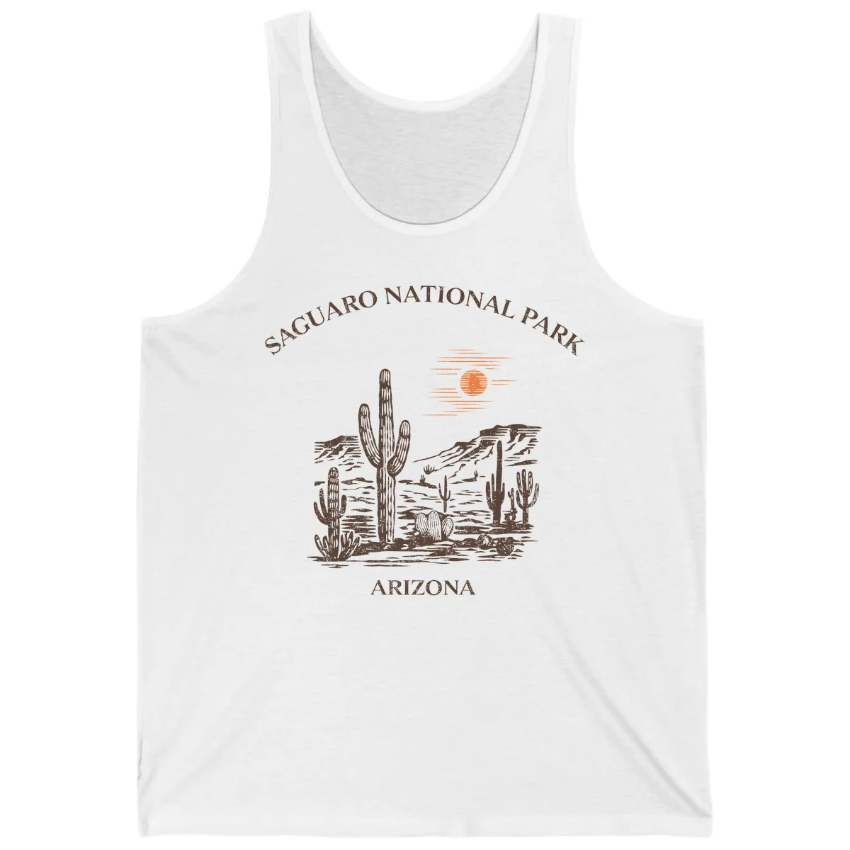 Vintage Saguaro National Park Arizona design with tall saguaro cacti, desert plants, and sun over rocky landscape in White