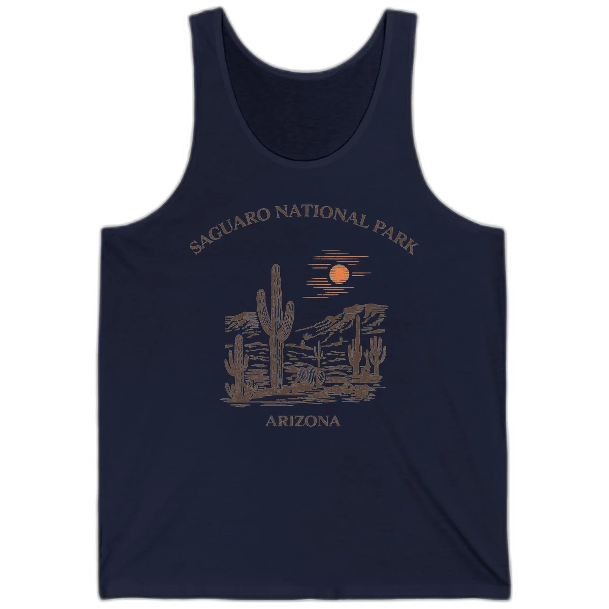 Vintage Saguaro National Park Arizona design with tall saguaro cacti, desert plants, and sun over rocky landscape in Navy