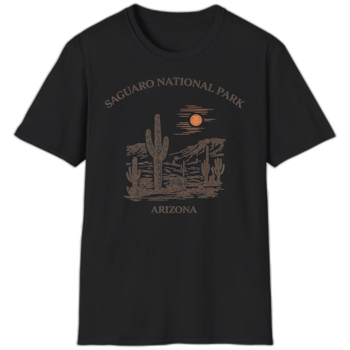 Vintage Saguaro National Park Arizona design with tall saguaro cacti, desert plants, and sun over rocky landscape in Black