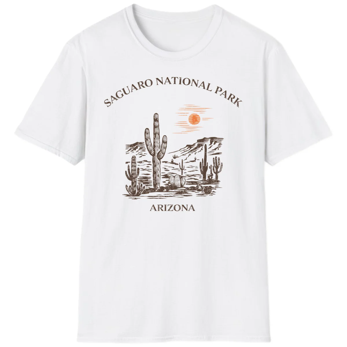 Vintage Saguaro National Park Arizona design with tall saguaro cacti, desert plants, and sun over rocky landscape in White