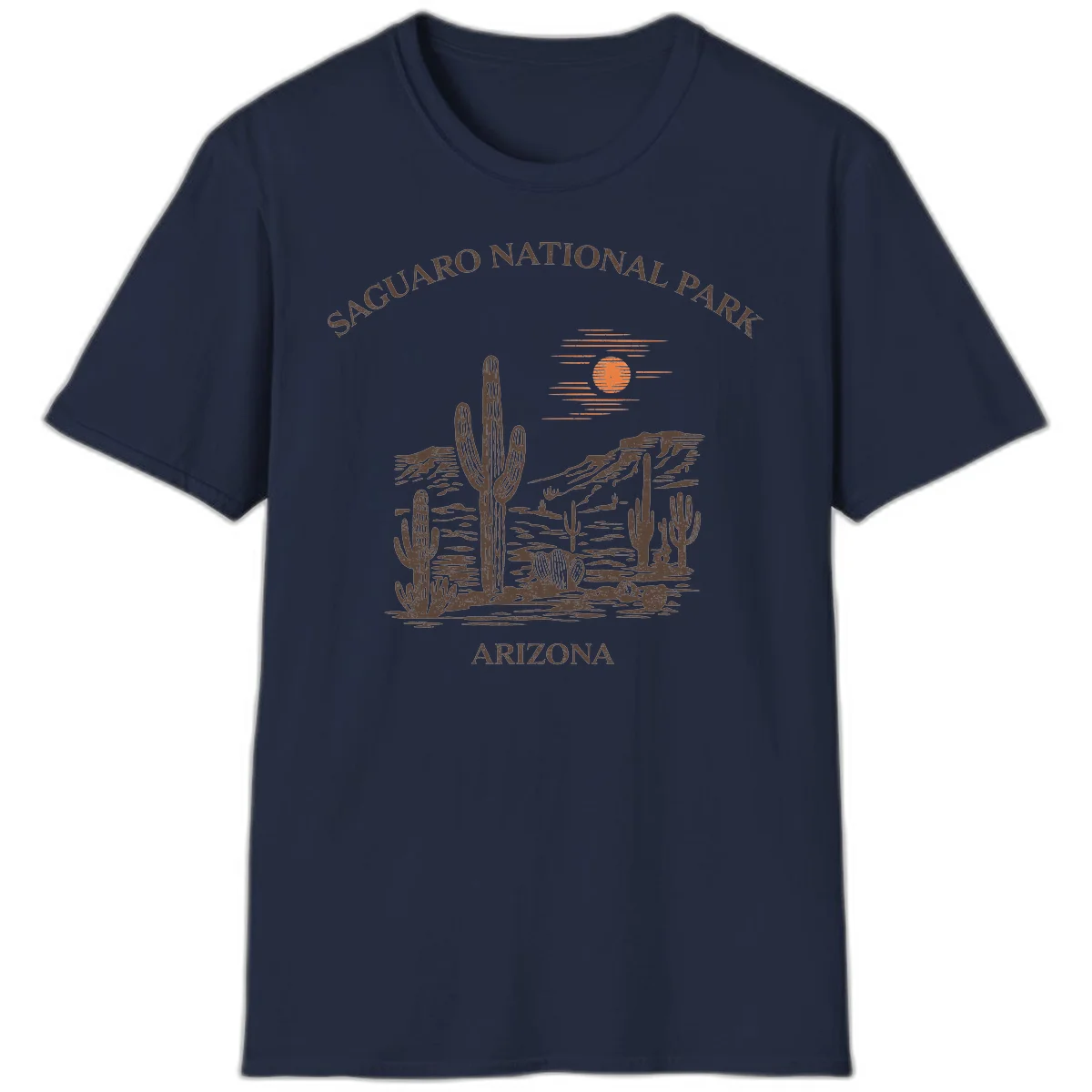 Vintage Saguaro National Park Arizona design with tall saguaro cacti, desert plants, and sun over rocky landscape in Navy