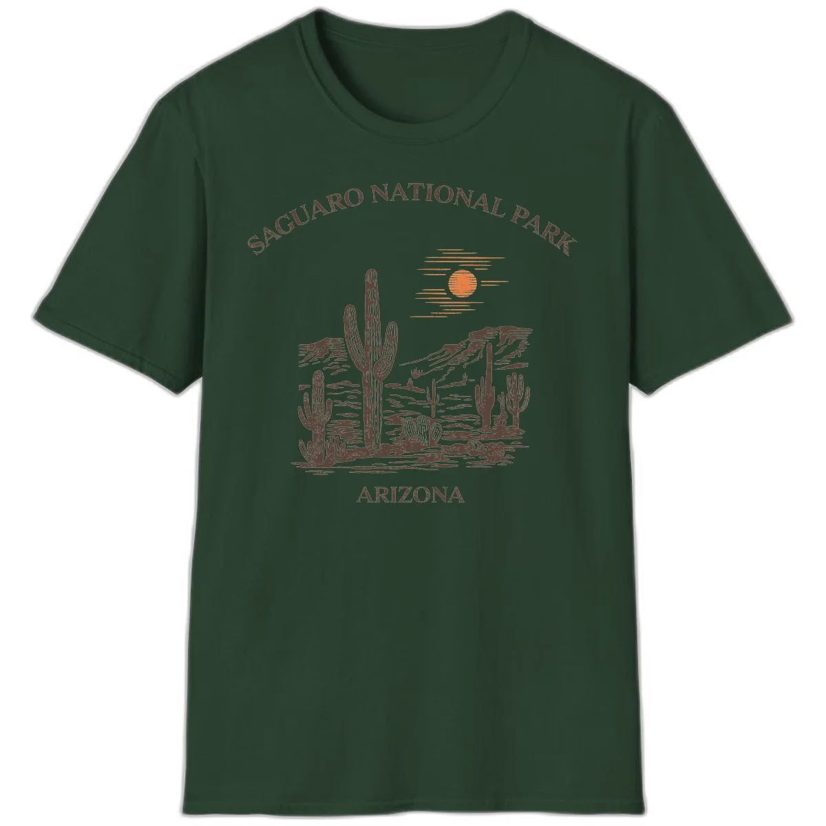Vintage Saguaro National Park Arizona design with tall saguaro cacti, desert plants, and sun over rocky landscape in Forest Green