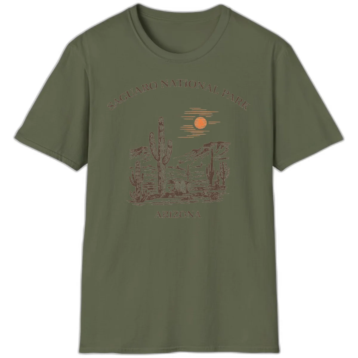 Vintage Saguaro National Park Arizona design with tall saguaro cacti, desert plants, and sun over rocky landscape in Military Green