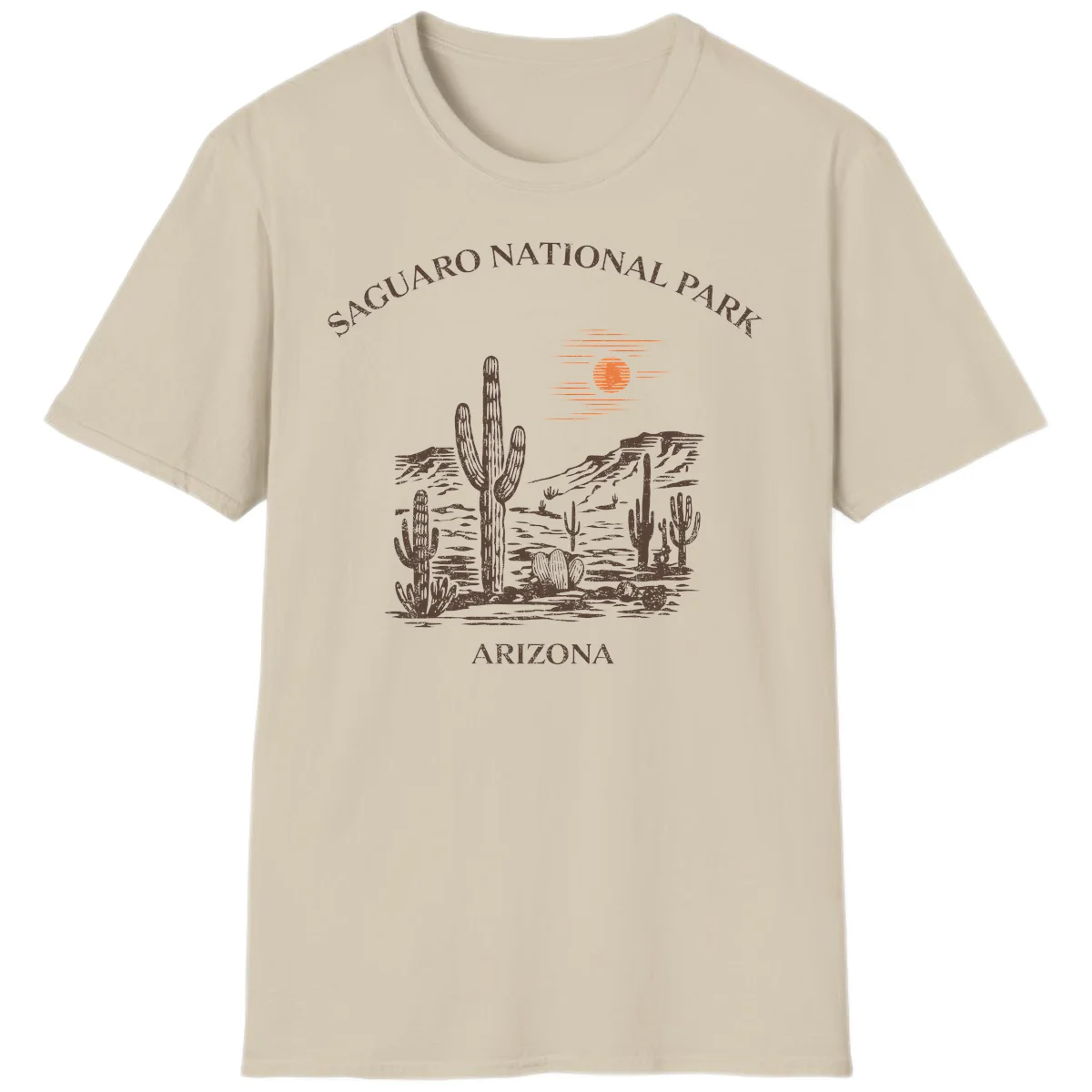 Vintage Saguaro National Park Arizona design with tall saguaro cacti, desert plants, and sun over rocky landscape in Sand
