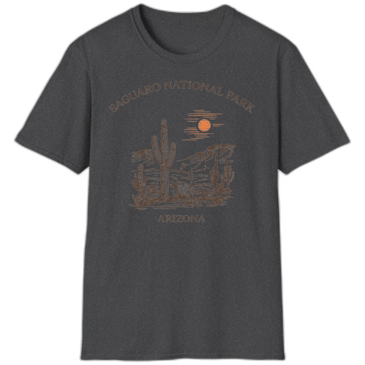 Vintage Saguaro National Park Arizona design with tall saguaro cacti, desert plants, and sun over rocky landscape in Dark Heather