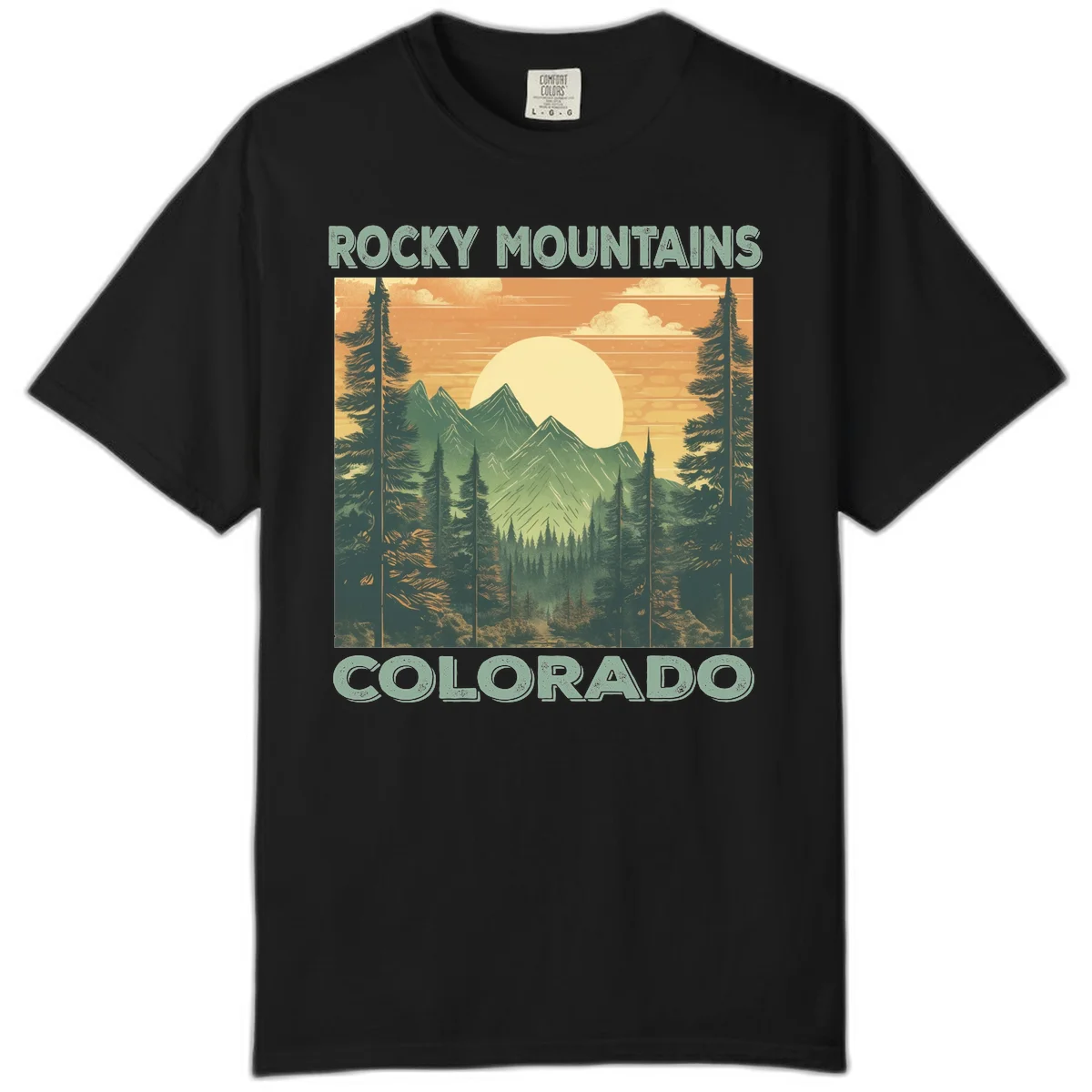 Vintage-style illustration of Rocky Mountains Colorado with golden sunset, evergreen trees, and mountain peaks in retro colors. in Black