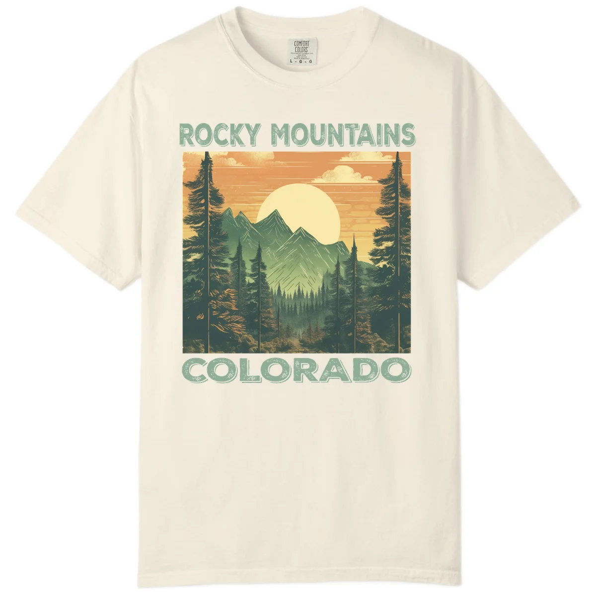 Vintage-style illustration of Rocky Mountains Colorado with golden sunset, evergreen trees, and mountain peaks in retro colors. in Ivory