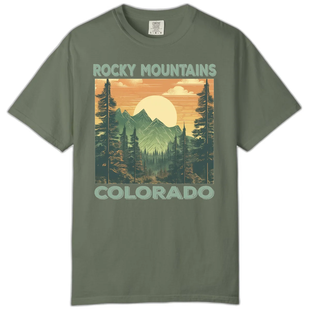 Vintage-style illustration of Rocky Mountains Colorado with golden sunset, evergreen trees, and mountain peaks in retro colors. in Moss