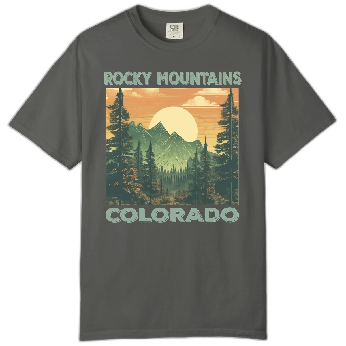 Vintage-style illustration of Rocky Mountains Colorado with golden sunset, evergreen trees, and mountain peaks in retro colors. in Pepper
