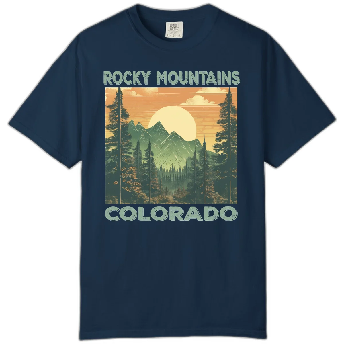 Vintage-style illustration of Rocky Mountains Colorado with golden sunset, evergreen trees, and mountain peaks in retro colors. in True Navy