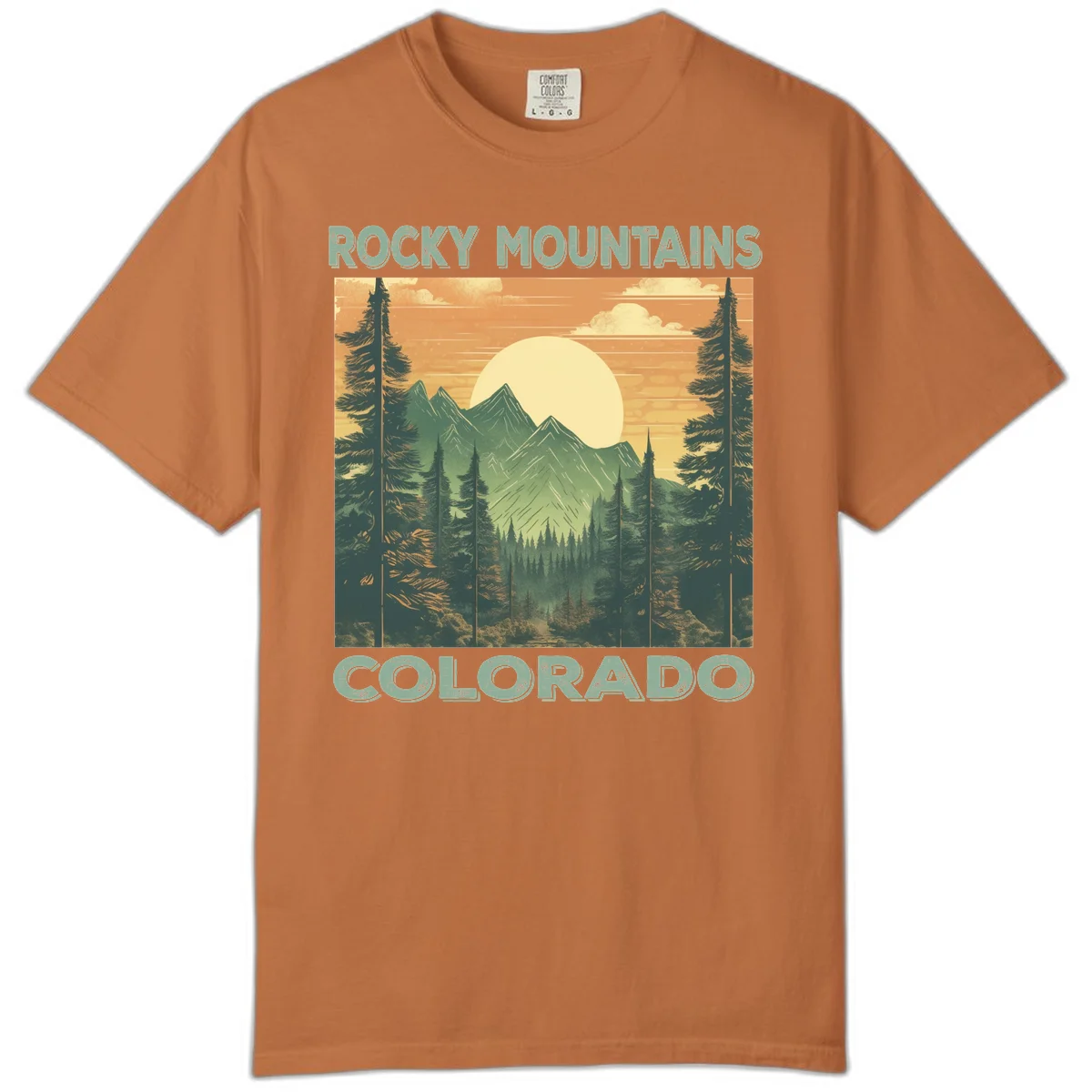 Vintage-style illustration of Rocky Mountains Colorado with golden sunset, evergreen trees, and mountain peaks in retro colors. in Yam