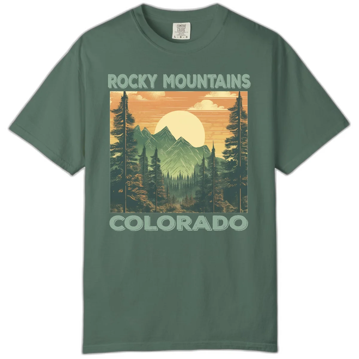 Vintage-style illustration of Rocky Mountains Colorado with golden sunset, evergreen trees, and mountain peaks in retro colors. in Blue Spruce