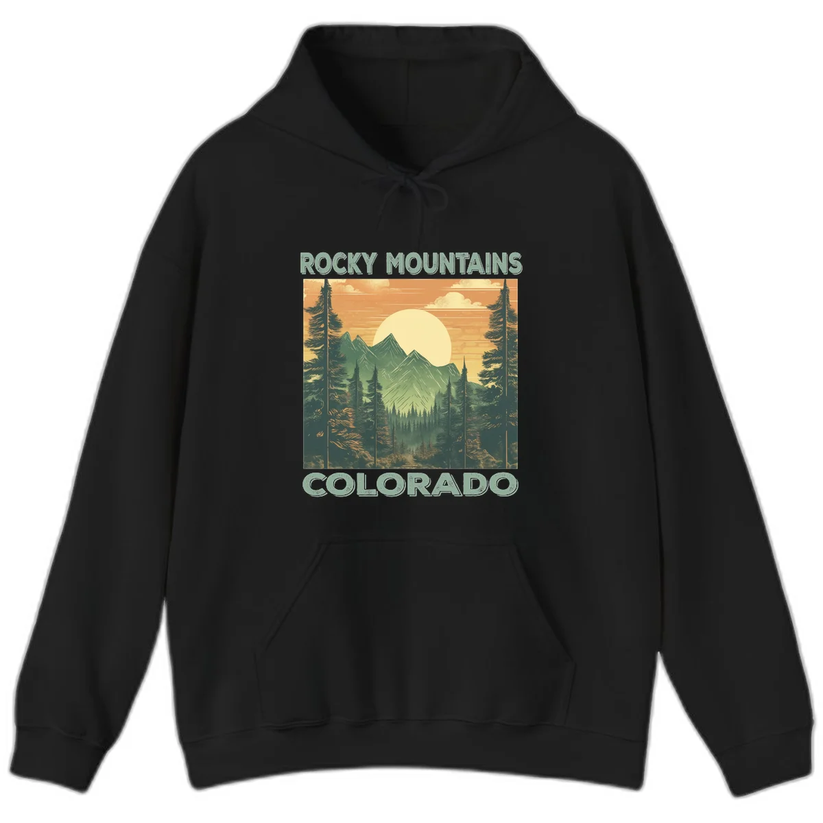 Vintage-style illustration of Rocky Mountains Colorado with golden sunset, evergreen trees, and mountain peaks in retro colors. in Black