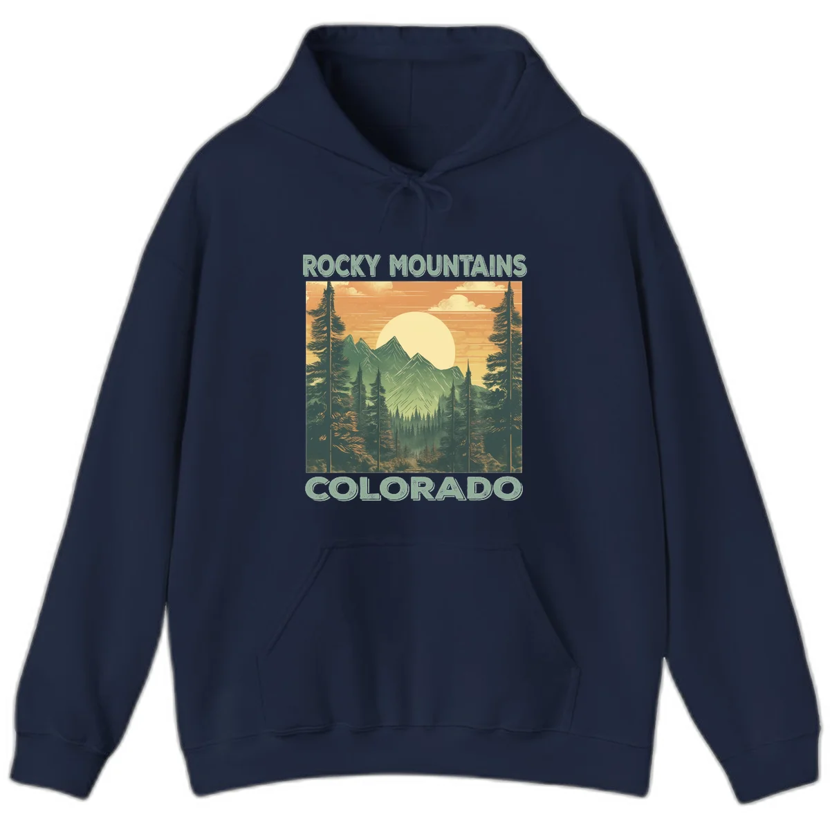 Vintage-style illustration of Rocky Mountains Colorado with golden sunset, evergreen trees, and mountain peaks in retro colors. in Navy