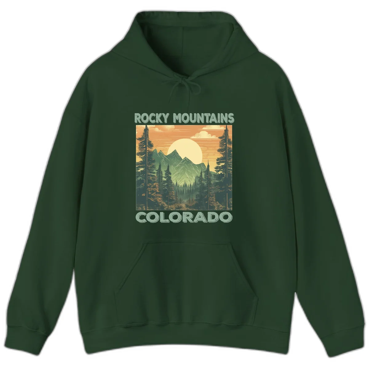 Vintage-style illustration of Rocky Mountains Colorado with golden sunset, evergreen trees, and mountain peaks in retro colors. in Forest Green