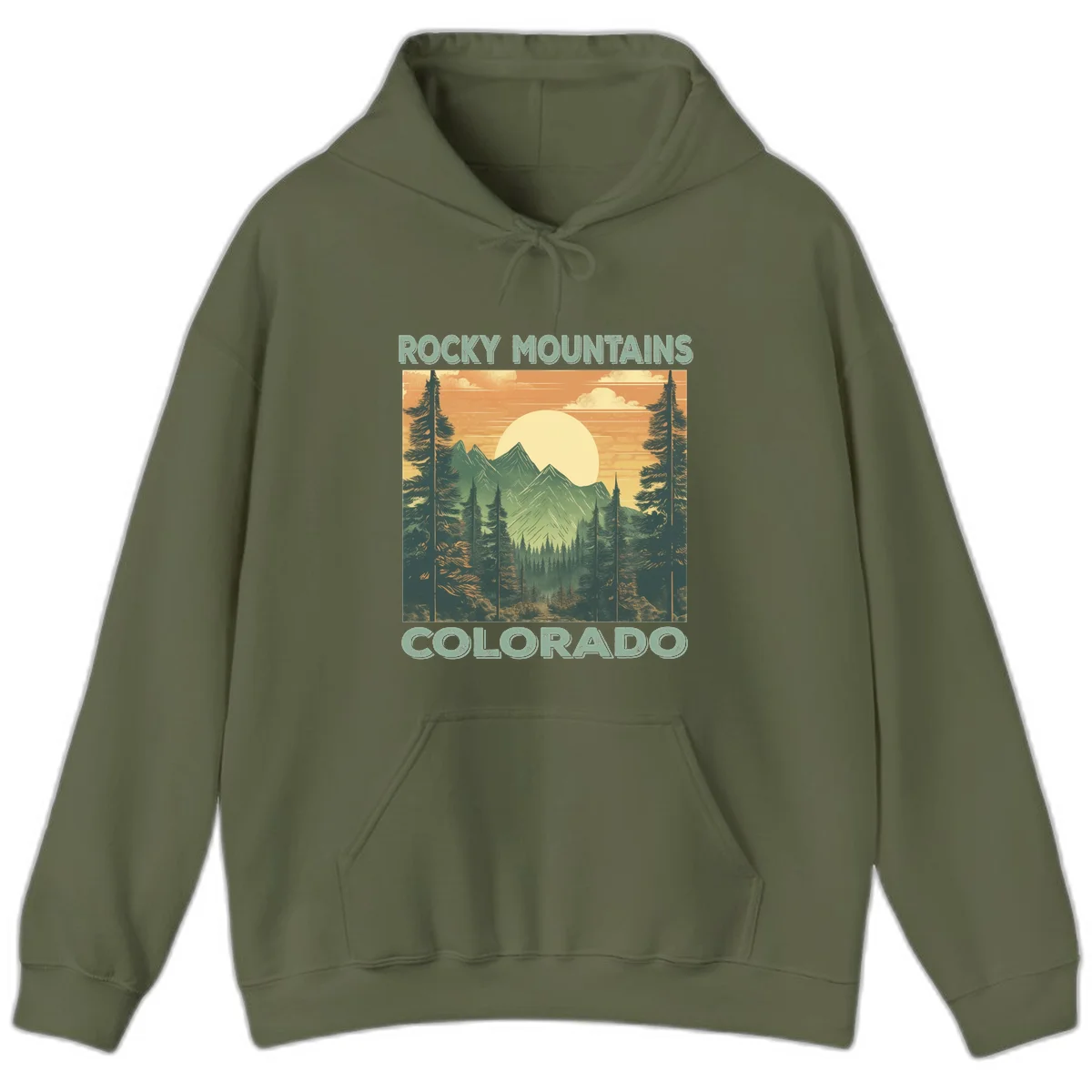 Vintage-style illustration of Rocky Mountains Colorado with golden sunset, evergreen trees, and mountain peaks in retro colors. in Military Green