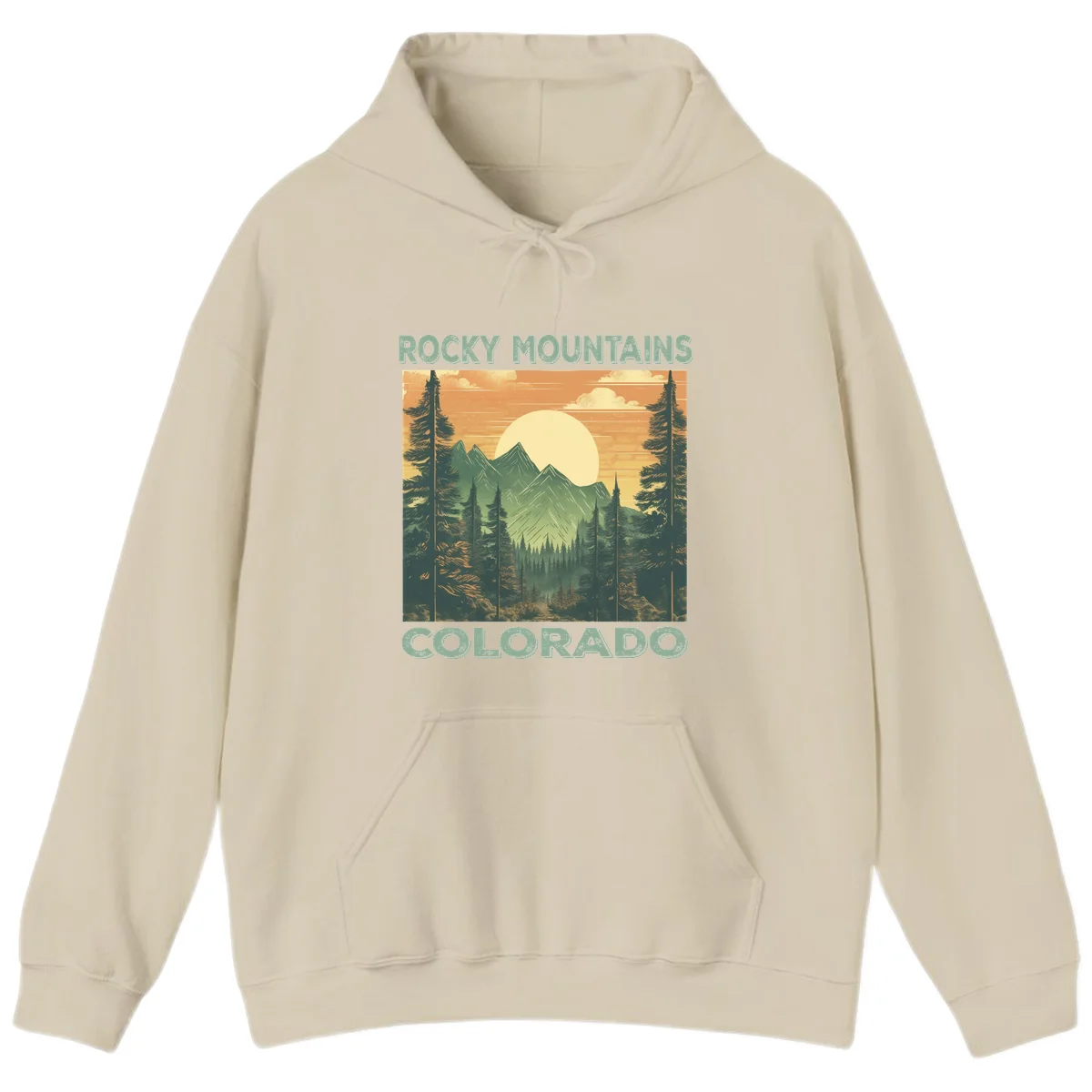 Vintage-style illustration of Rocky Mountains Colorado with golden sunset, evergreen trees, and mountain peaks in retro colors. in Sand
