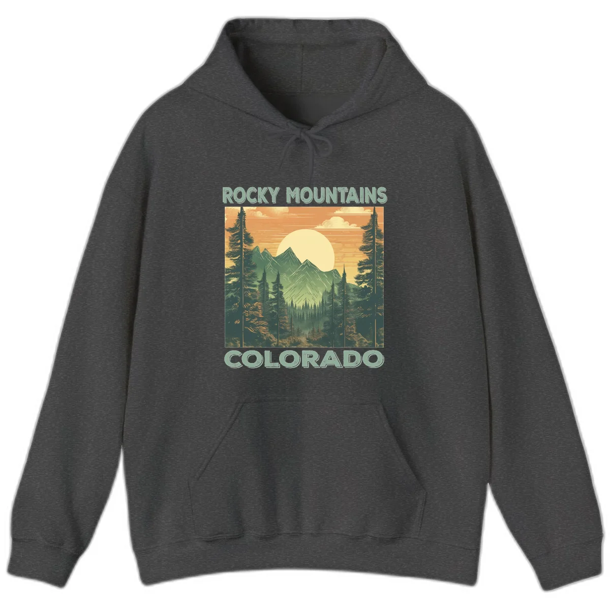 Vintage-style illustration of Rocky Mountains Colorado with golden sunset, evergreen trees, and mountain peaks in retro colors. in Dark Heather