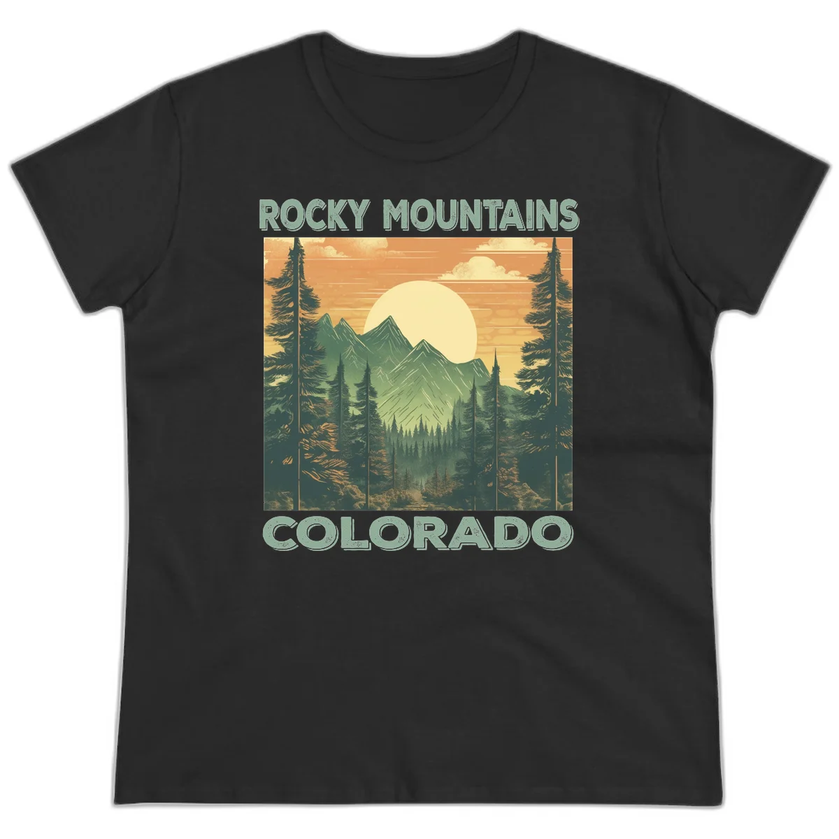Vintage-style illustration of Rocky Mountains Colorado with golden sunset, evergreen trees, and mountain peaks in retro colors. in Black