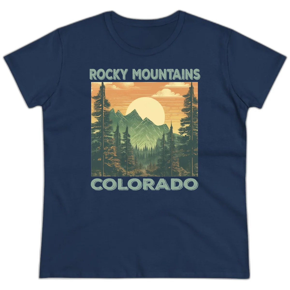 Vintage-style illustration of Rocky Mountains Colorado with golden sunset, evergreen trees, and mountain peaks in retro colors. in Navy