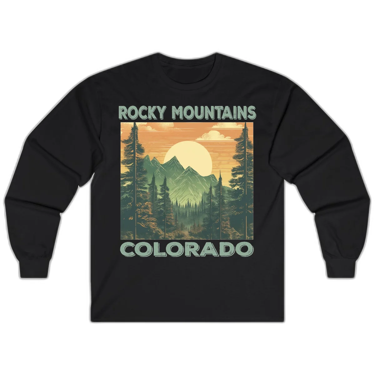 Vintage-style illustration of Rocky Mountains Colorado with golden sunset, evergreen trees, and mountain peaks in retro colors. in Black