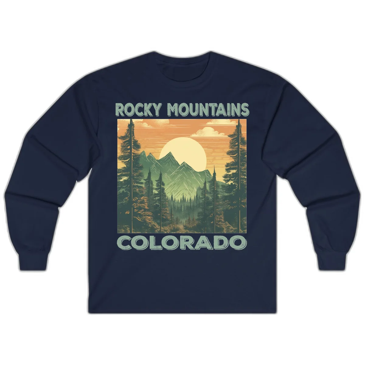 Vintage-style illustration of Rocky Mountains Colorado with golden sunset, evergreen trees, and mountain peaks in retro colors. in Navy