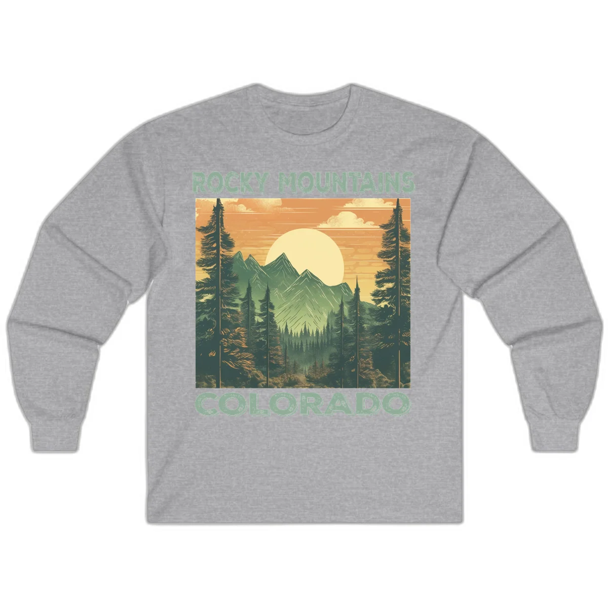 Vintage-style illustration of Rocky Mountains Colorado with golden sunset, evergreen trees, and mountain peaks in retro colors. in Sport Grey