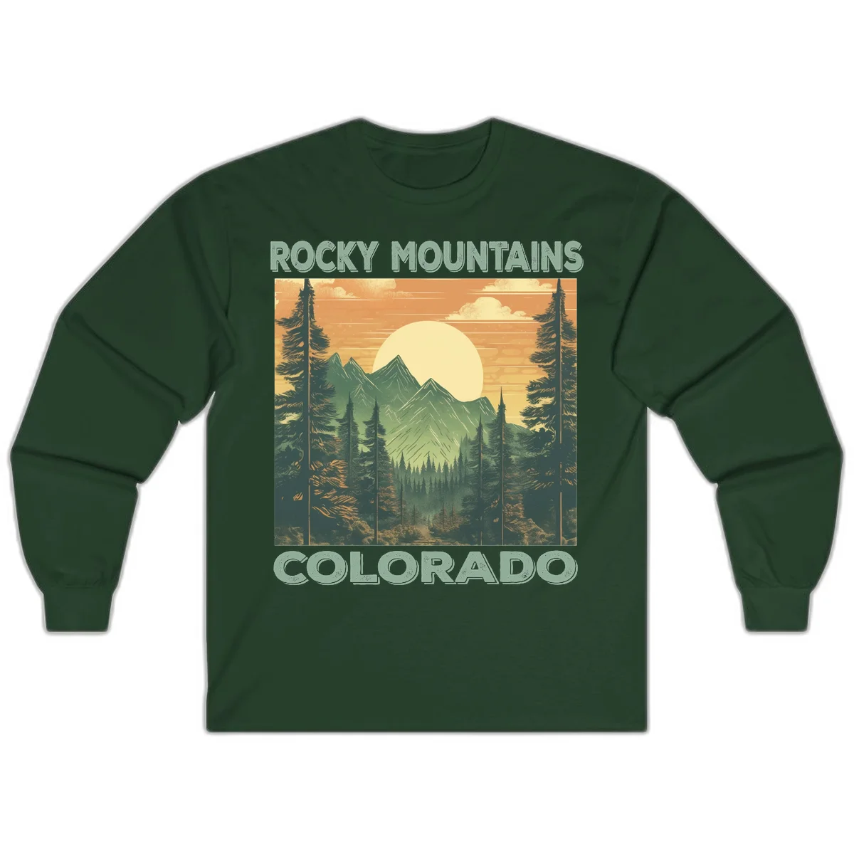 Vintage-style illustration of Rocky Mountains Colorado with golden sunset, evergreen trees, and mountain peaks in retro colors. in Forest Green
