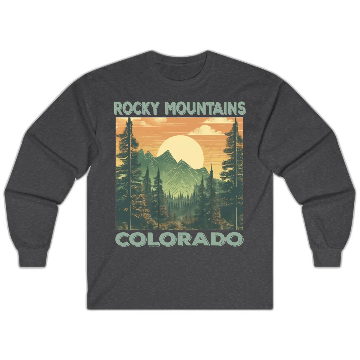 Vintage-style illustration of Rocky Mountains Colorado with golden sunset, evergreen trees, and mountain peaks in retro colors. in Dark Heather