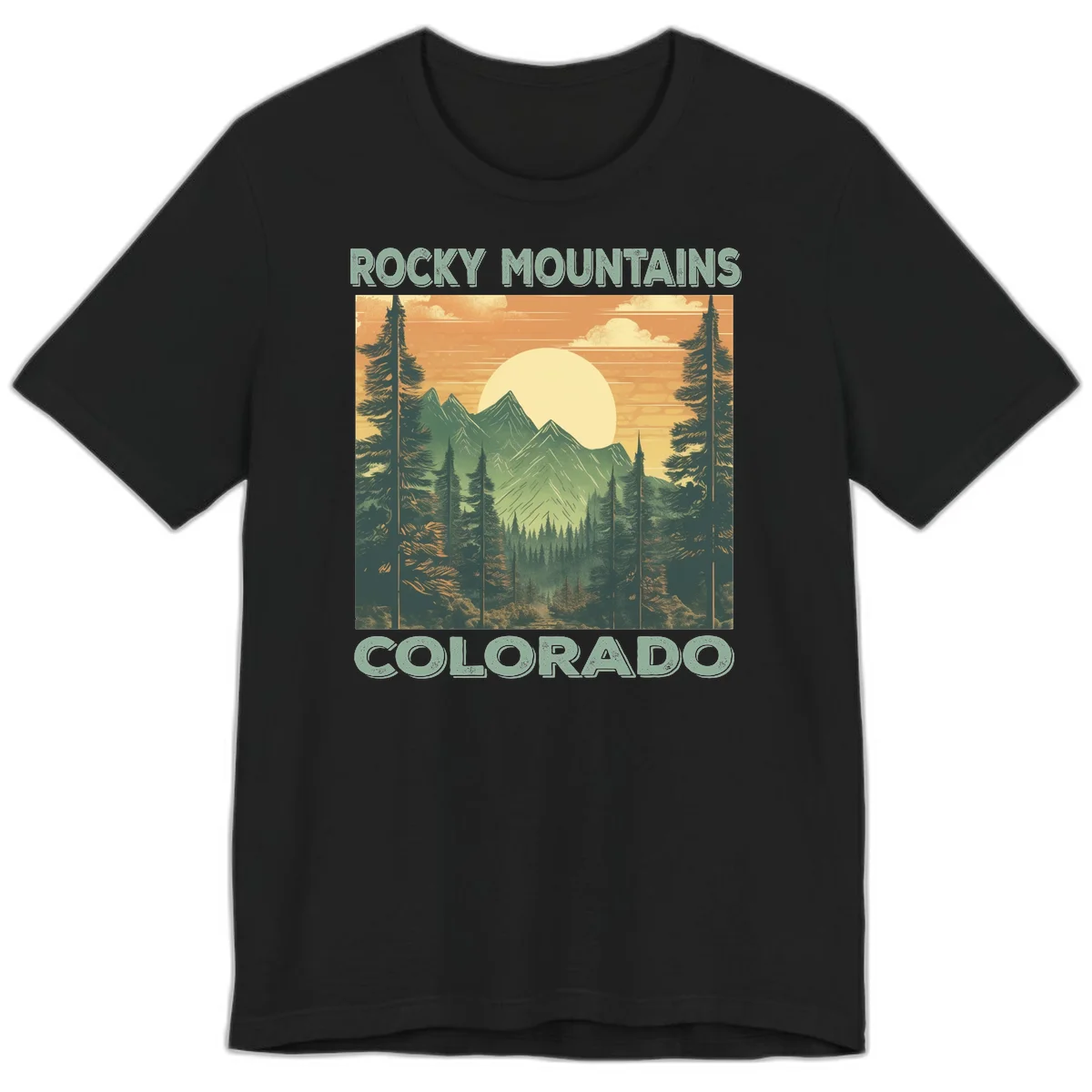 Vintage-style illustration of Rocky Mountains Colorado with golden sunset, evergreen trees, and mountain peaks in retro colors. in Black