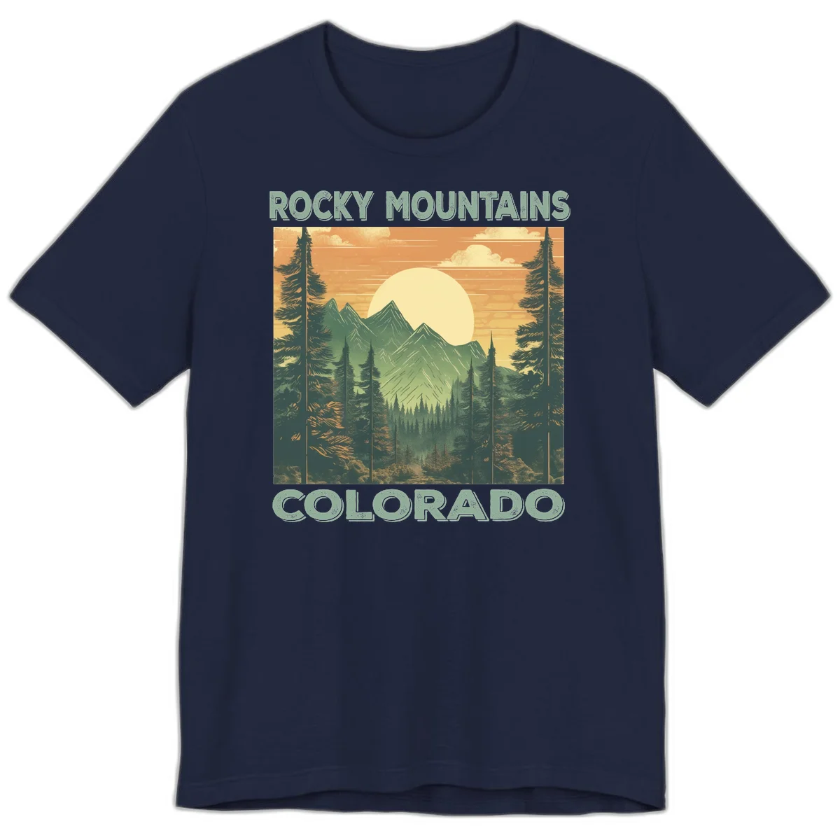 Vintage-style illustration of Rocky Mountains Colorado with golden sunset, evergreen trees, and mountain peaks in retro colors. in Navy