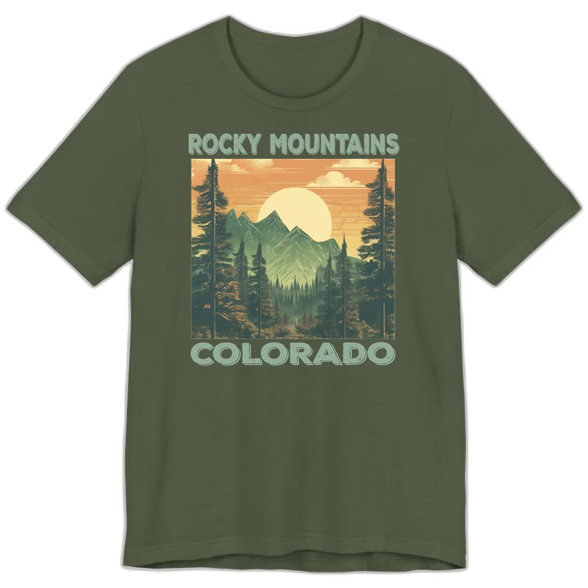 Vintage-style illustration of Rocky Mountains Colorado with golden sunset, evergreen trees, and mountain peaks in retro colors. in Military Green
