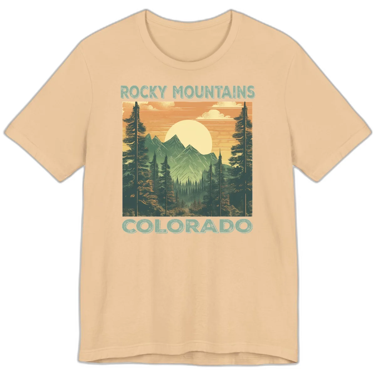 Vintage-style illustration of Rocky Mountains Colorado with golden sunset, evergreen trees, and mountain peaks in retro colors. in Sand Dune