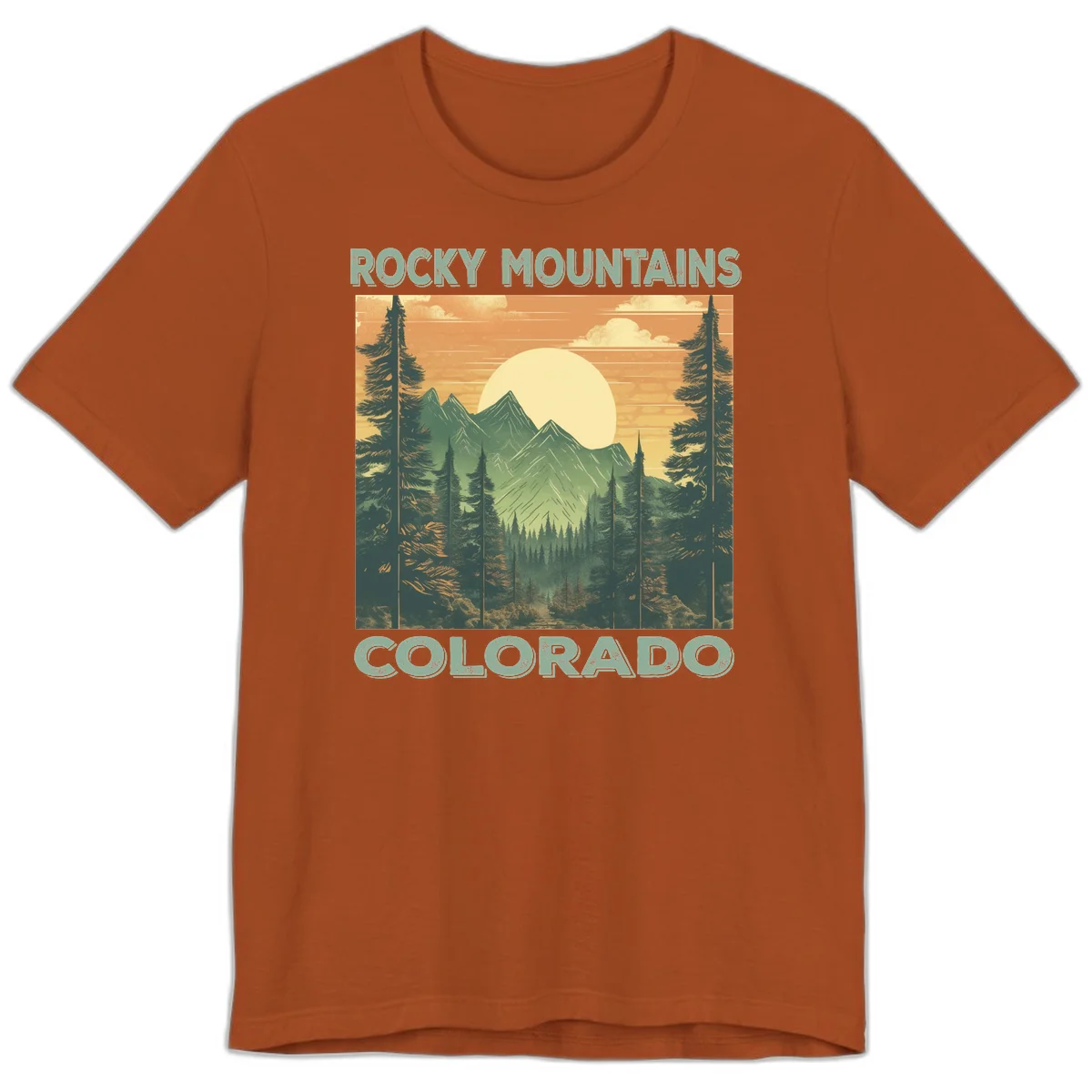 Vintage-style illustration of Rocky Mountains Colorado with golden sunset, evergreen trees, and mountain peaks in retro colors. in Autumn