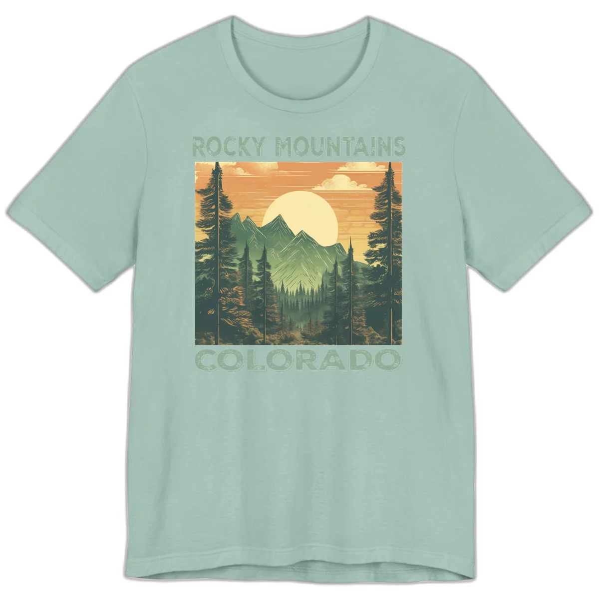 Vintage-style illustration of Rocky Mountains Colorado with golden sunset, evergreen trees, and mountain peaks in retro colors. in Dusty Blue