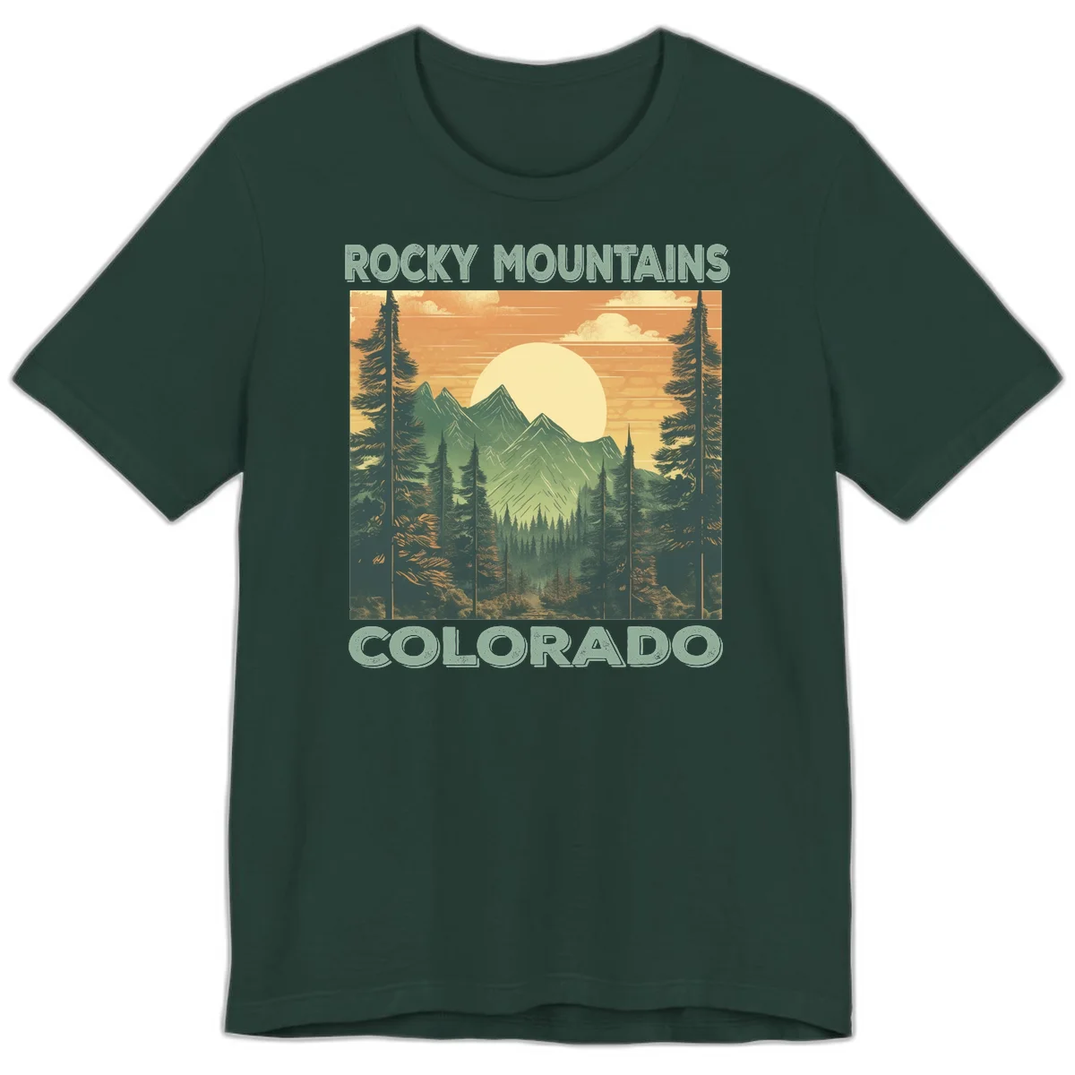 Vintage-style illustration of Rocky Mountains Colorado with golden sunset, evergreen trees, and mountain peaks in retro colors. in Forest