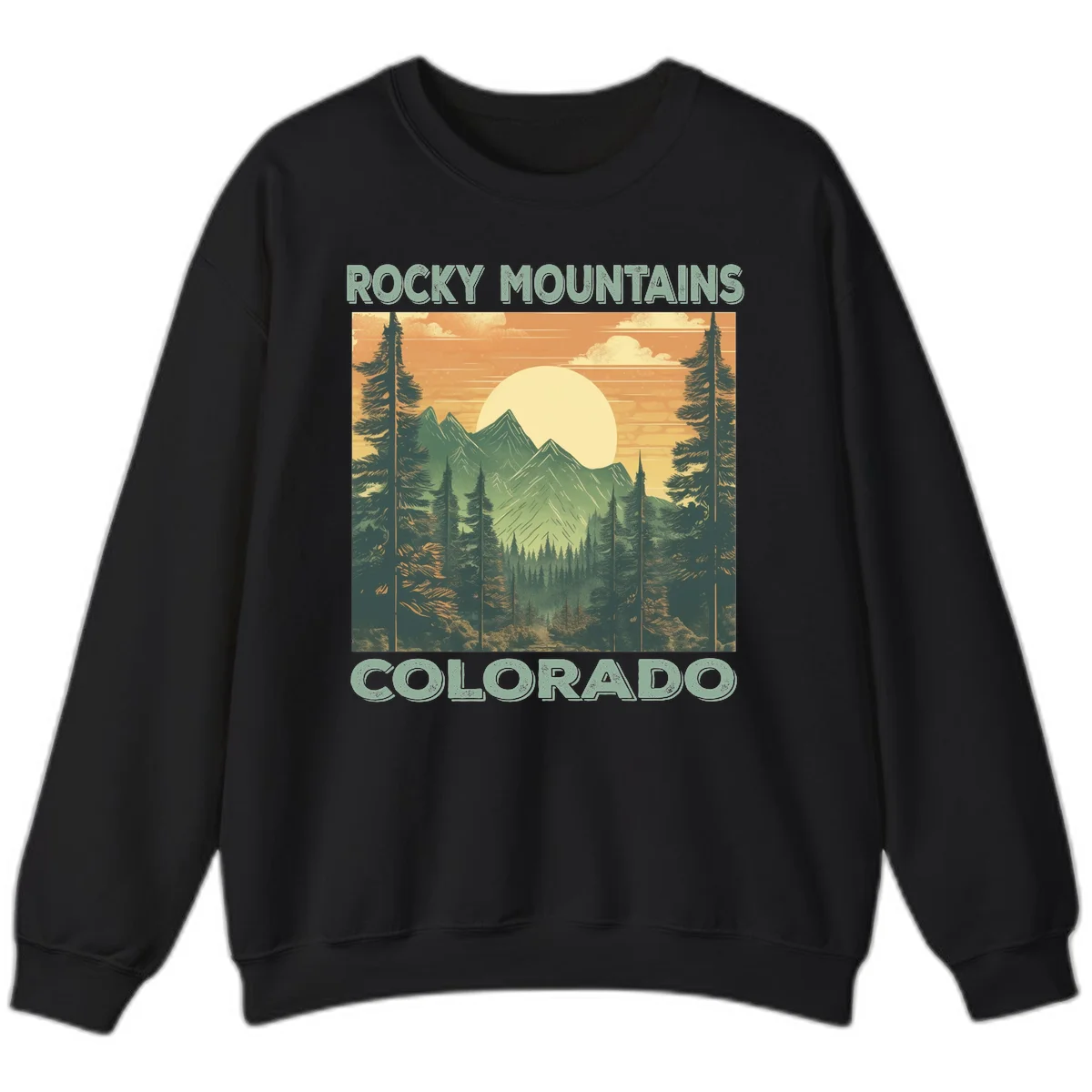 Vintage-style illustration of Rocky Mountains Colorado with golden sunset, evergreen trees, and mountain peaks in retro colors. in Black