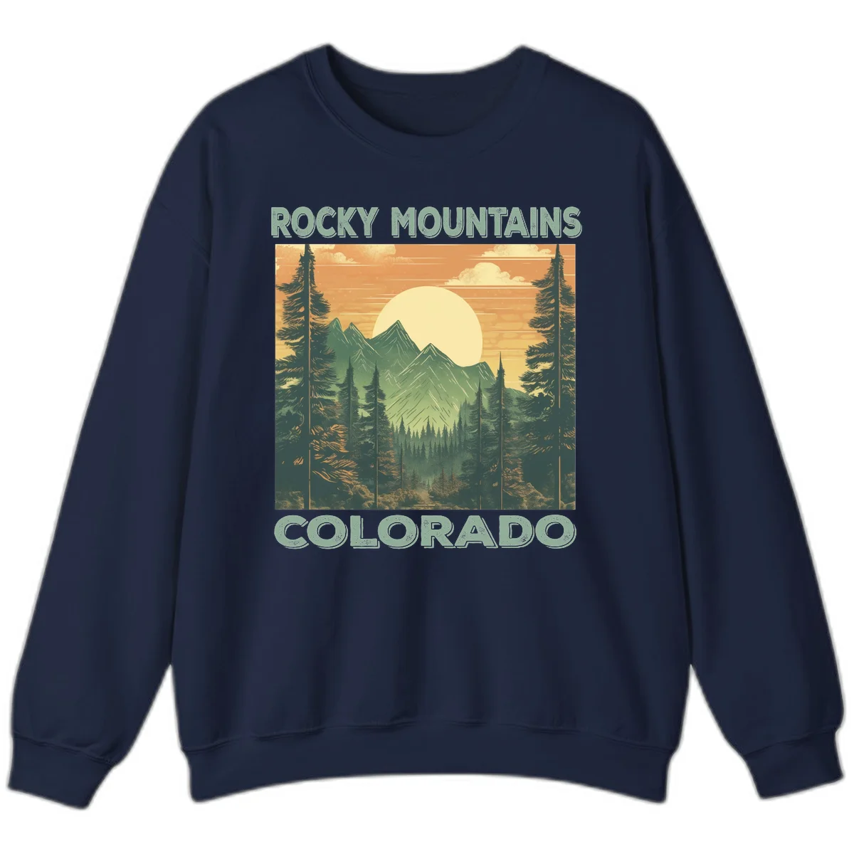 Vintage-style illustration of Rocky Mountains Colorado with golden sunset, evergreen trees, and mountain peaks in retro colors. in Navy