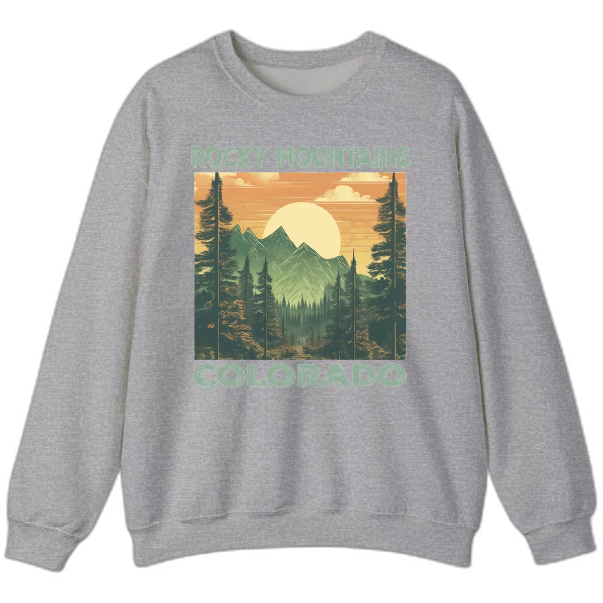 Vintage-style illustration of Rocky Mountains Colorado with golden sunset, evergreen trees, and mountain peaks in retro colors. in Sport Grey